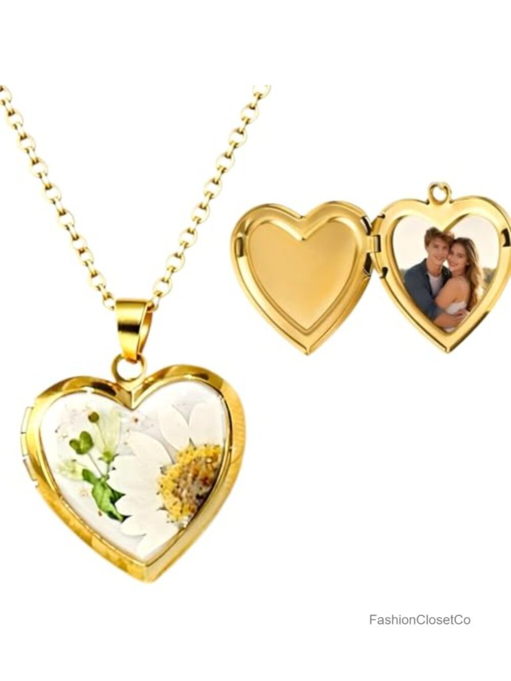 Gold-Tone Resin Flower Heart Locket Necklace Photo Pendant